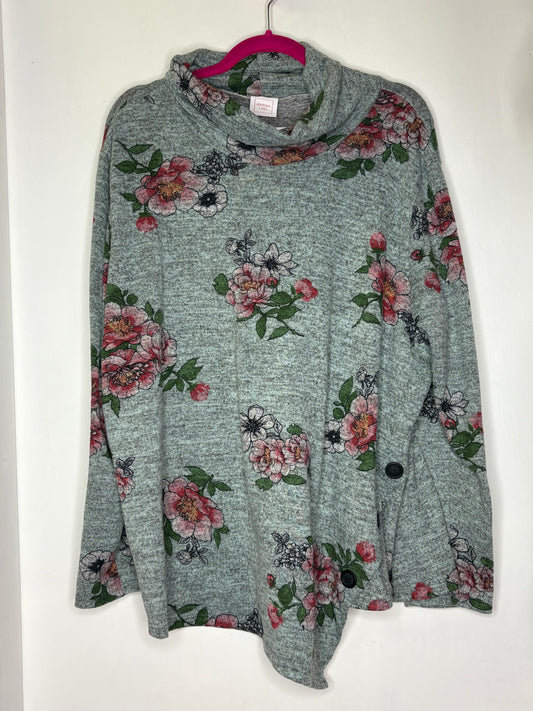 Marina Luna Heather Mint Floral Cowl Neck Sweater Top 2X 1056