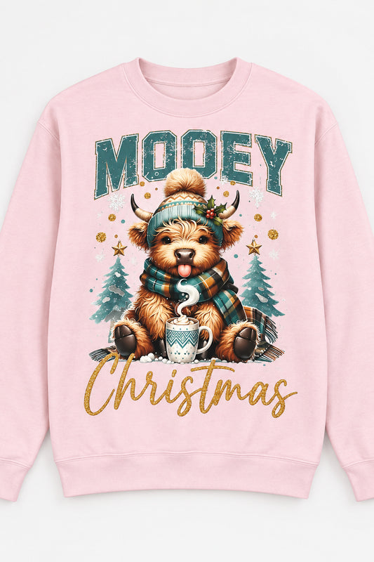 CHRISTMAS | Mooey Green Highland Cow Crewneck Sweatshirt
