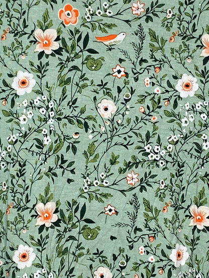 Haut tunique fleuri à motif d'oiseaux orange et vert menthe