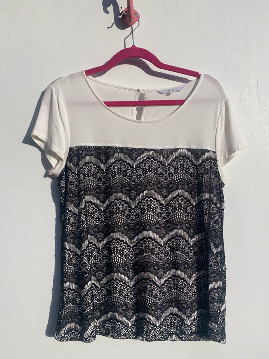 White Top with Half Black Lace Fringe Top Medium