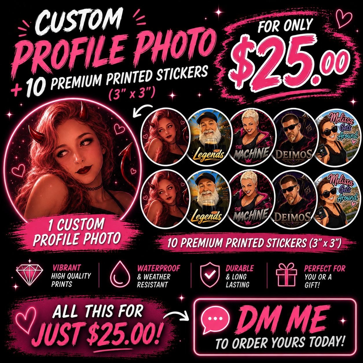 Custom Profile Photo plus 10 premium printed stickers (3" × 3")