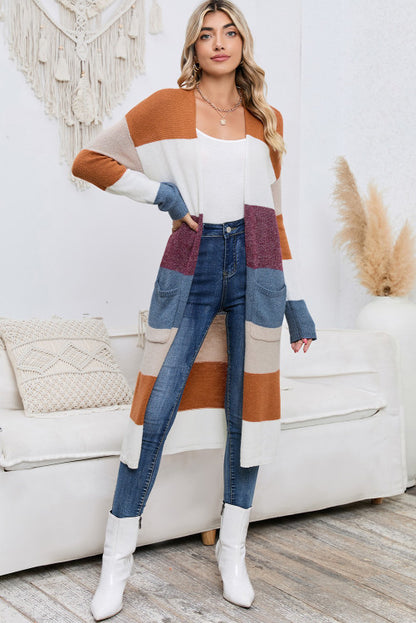 Open Front Colour Block Ladies Longer Length Cardigan Knit Sweater Top