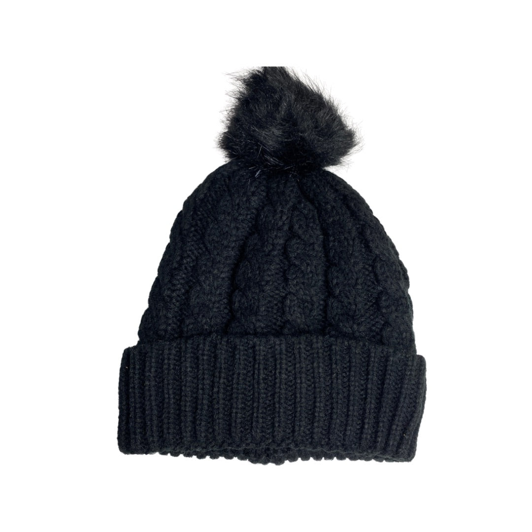 Cable Knit Fleece Lined Toque Beanie Hat - Black