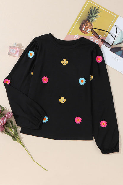 Multicolor Flower Accent Embroidered  Long Sleeve Puff Style Cuff Sleeve Women's Top