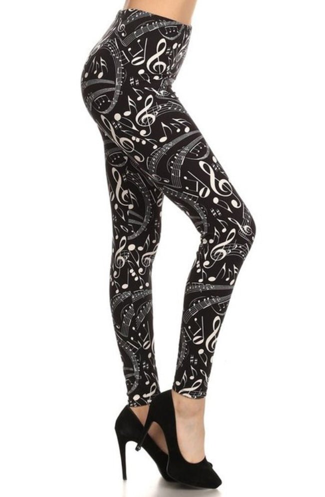 Leggings pour adultes imprimés notes de musique noirs et blancs | 3X-5X