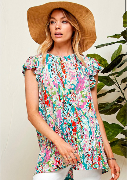 PREORDER  JANE MULTI FLORAL RUFFLE CAP SLEEVE FLUTTER TOP