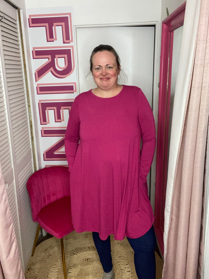 FINAL SALE- Luxe Rayon Long Sleeve Tunic Dress Top with Pockets | Fuchsia Pink
