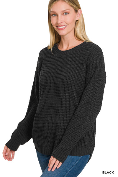 Waffle Knit Hem Bottom Sweater Knit Top  | Basic Black | Acrylic Blend