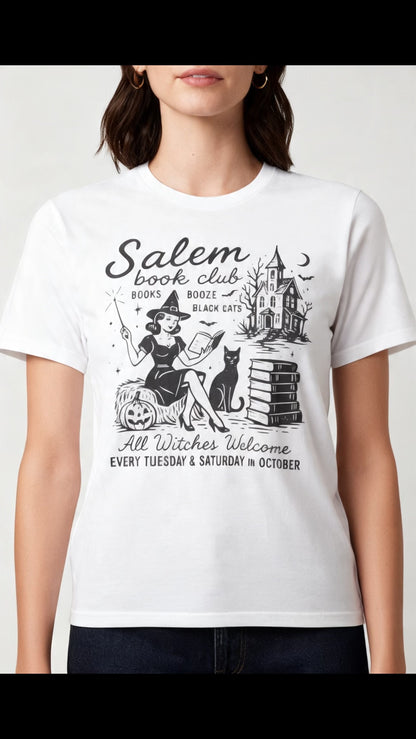 HALLOWEEN Salem Book Club Witch & Black Cat ADULT GRAPHIC TEE