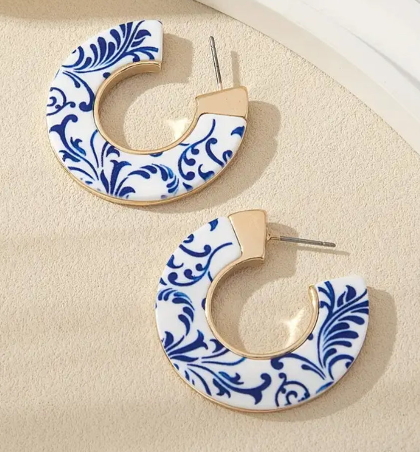 Blue & White Garden Party Porcelain Delft Blue Art Inspired Hoop Earrings