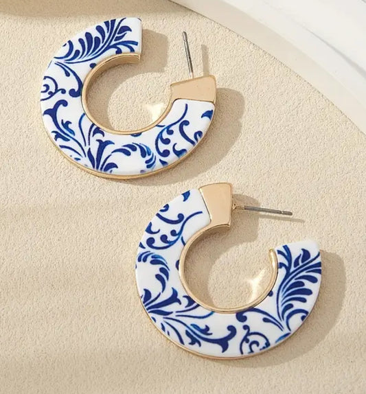 Blue & White Garden Party Porcelain Delft Blue Art Inspired Hoop Earrings