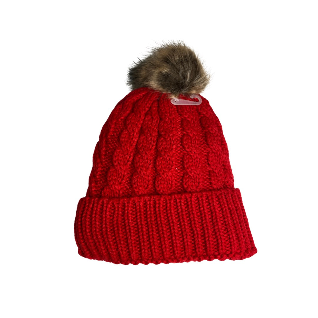 Cable Knit Fleece Lined Toque Beanie Hat - Ruby Red