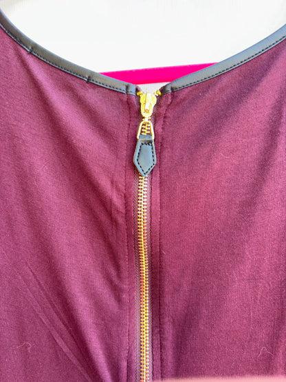 DEX Wine Leather Accent Neck with Zipper back Long Sleeve Top 1037
