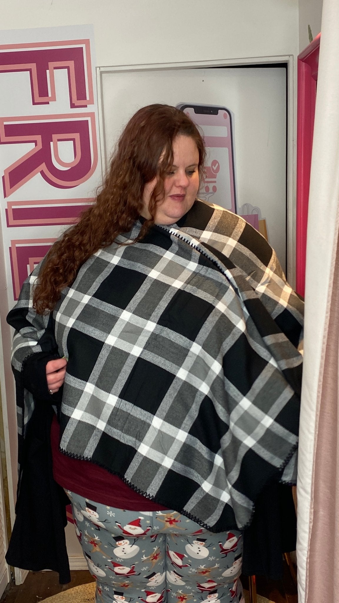 Poncho Scarf Black Gray & White Plaid