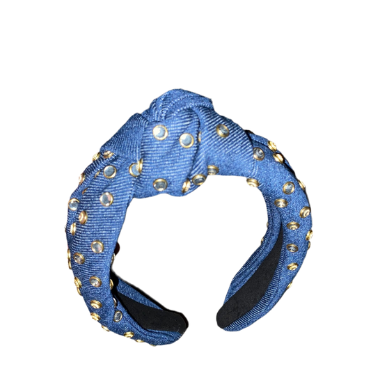 Serre-tête en denim avec nœud en strass