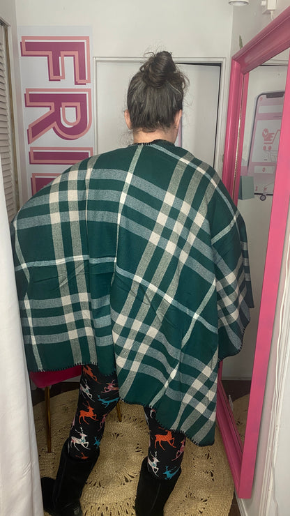 Hunter Green Plaid Poncho Scarf