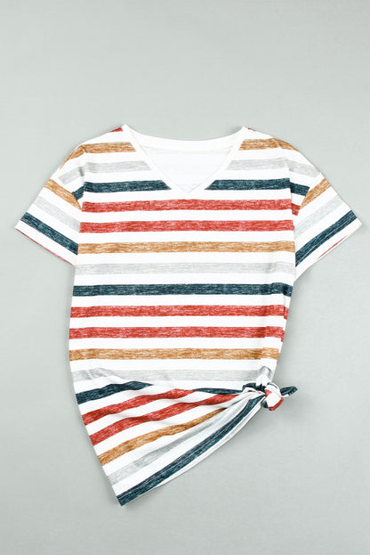 Women's Striped Print V-Neck Short Sleeve T-Shirt Top