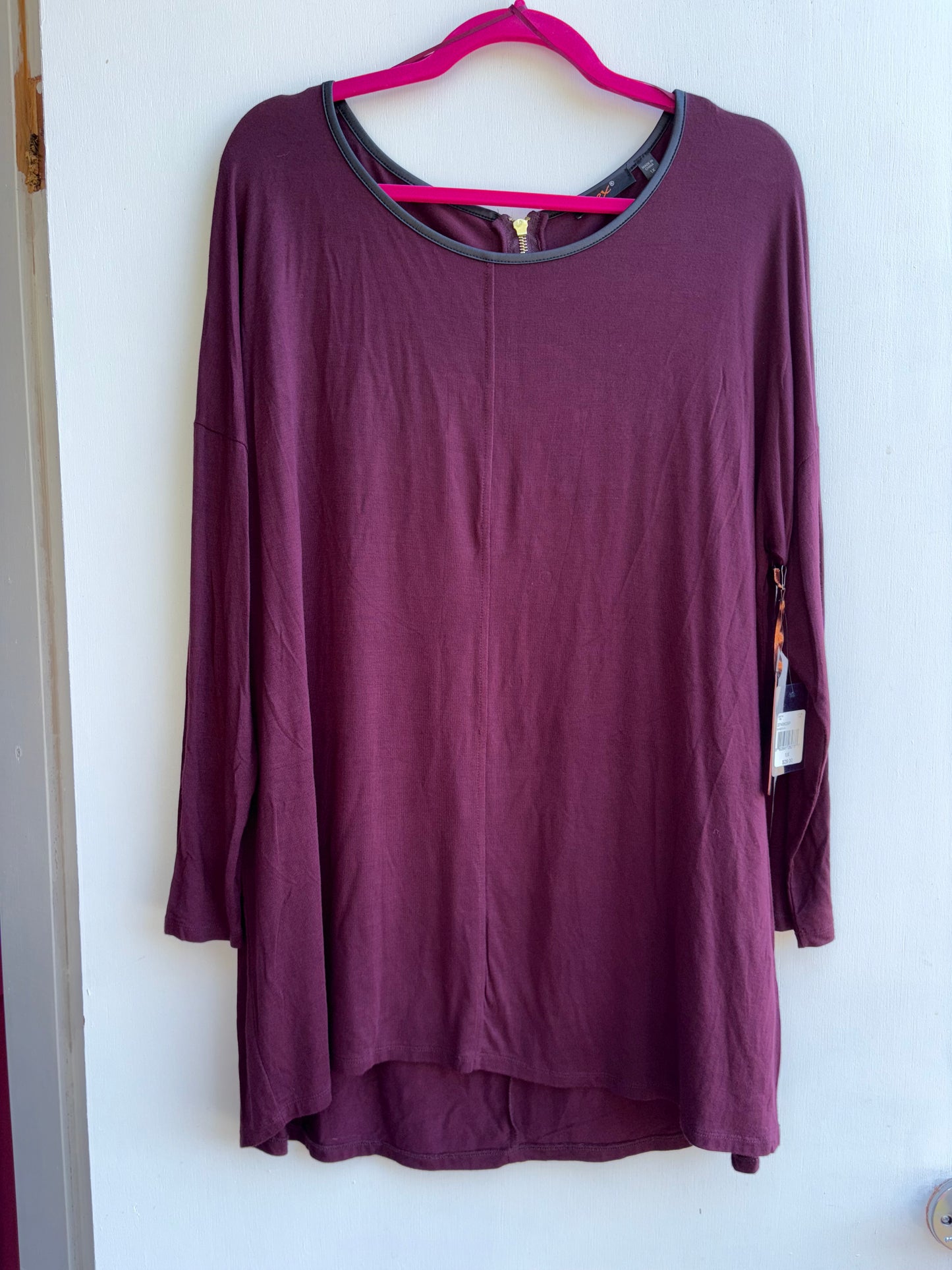 DEX Wine Leather Accent Neck with Zipper back Long Sleeve Top 1037