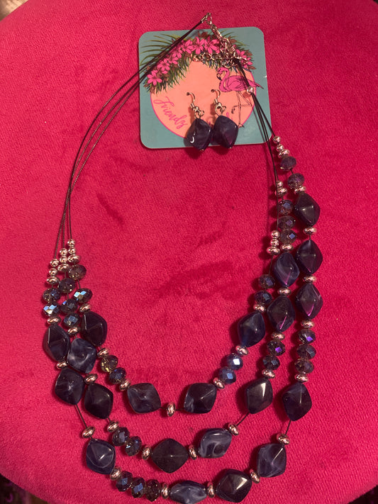 Navy Boho Beaded Necklace and Earring Set