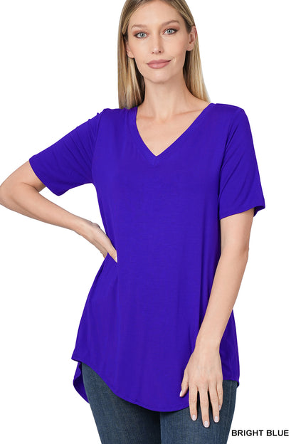 Harlow | Luxe Rayon Short Sleeve V-Neck HI-Low Hem Ladies Top |  BRIGHT BLUE