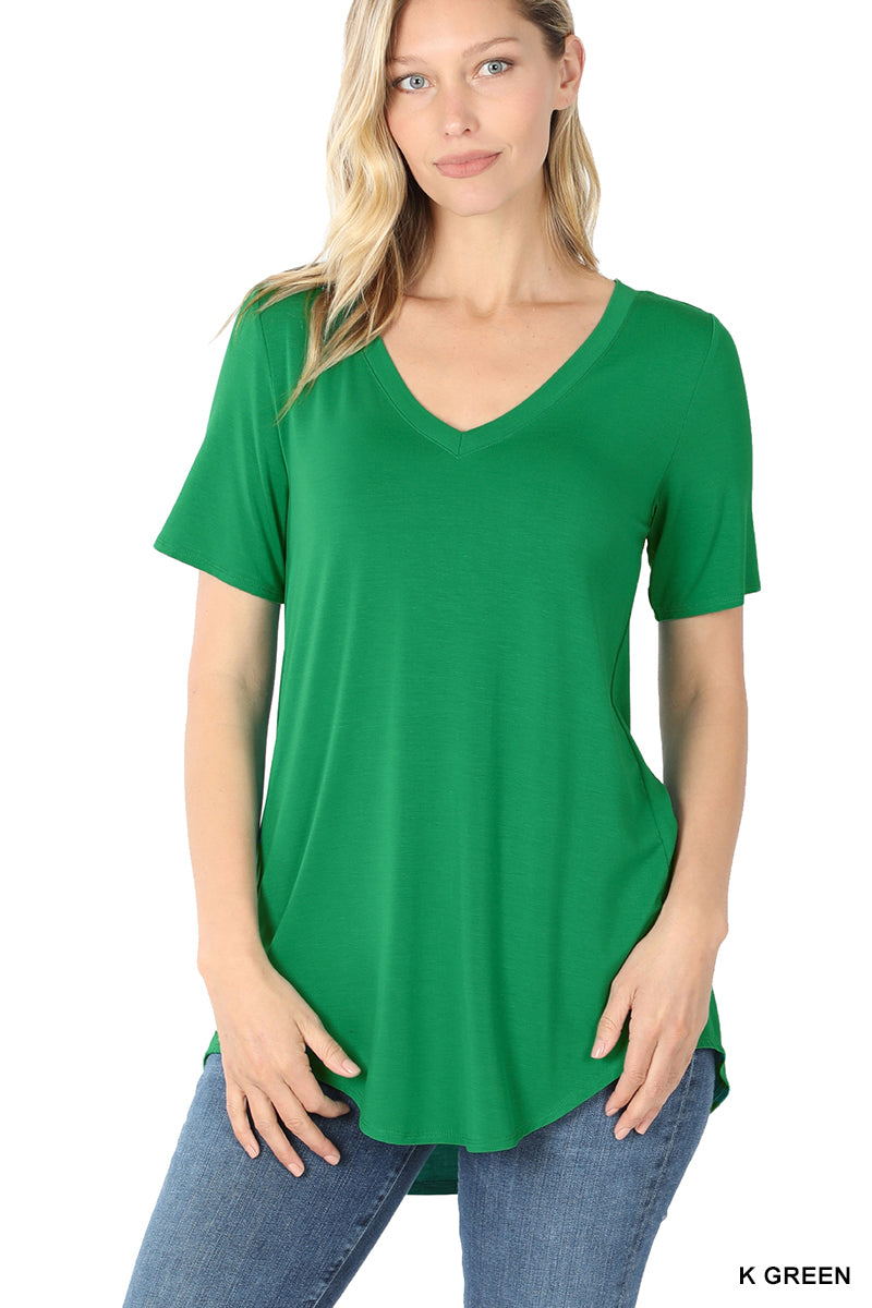 Harlow |  Luxe Rayon Short Sleeve V-Neck HI-Low Hem  Ladies Top | KELLY GREEN