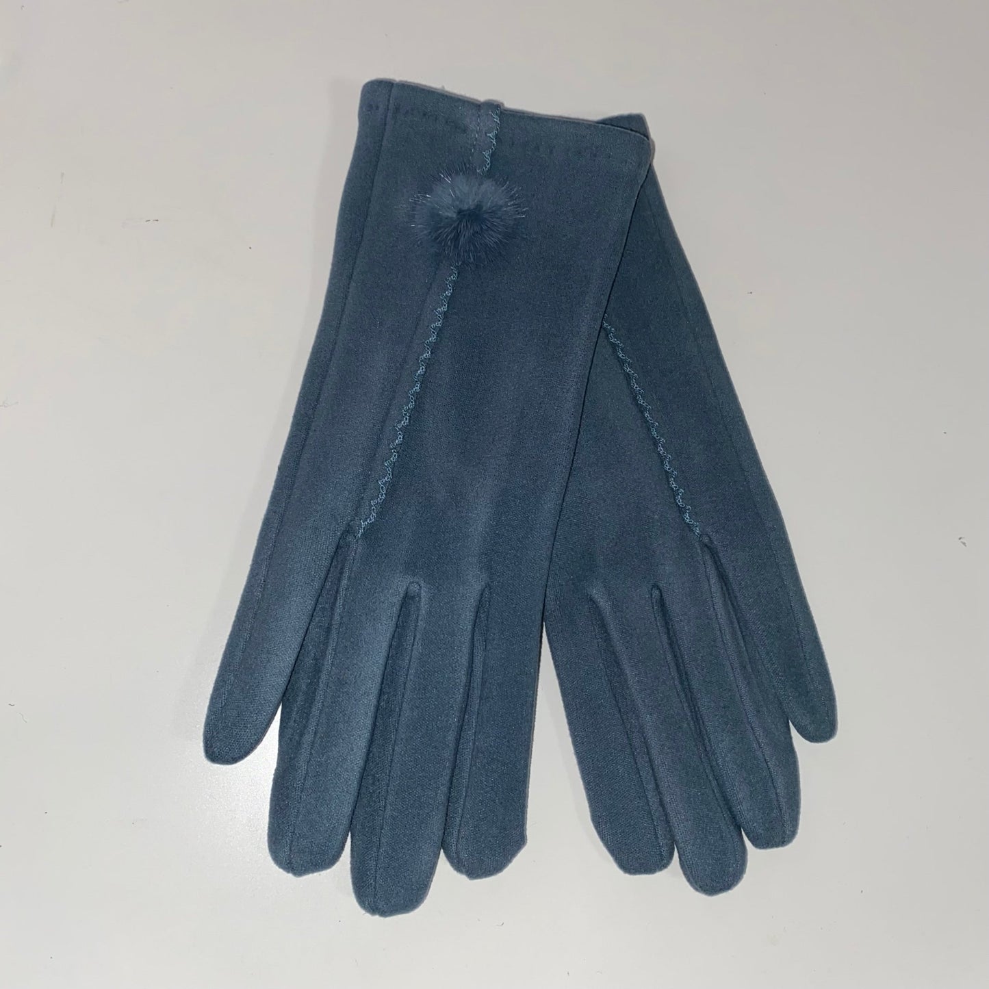 Dusty Blur Pom Gloves with text tips