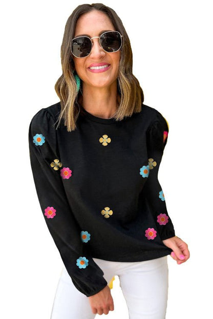 Haut à manches longues bouffantes brodé avec accents de fleurs multicolores pour femme