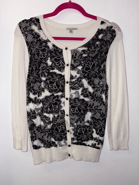 HALOGEN | Ornamental Floral Black & White Print Sweater Top Medium 1011