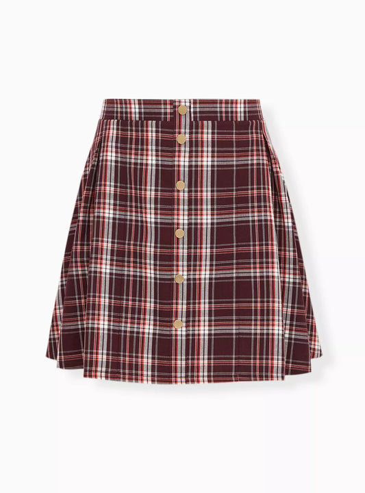 Burgundy Purple Plaid Twill Pleated Button Front Mini Skirt 2X 1027