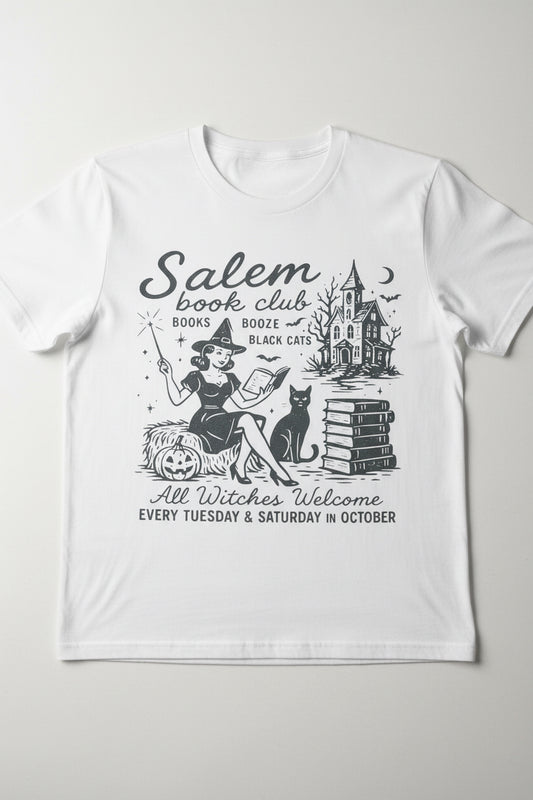HALLOWEEN Salem Book Club Witch & Black Cat ADULT GRAPHIC TEE