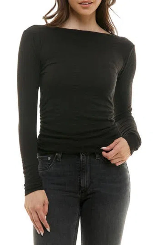 FINAL SALE Boat Neck Shirred Long Sleeve Top In Off Black