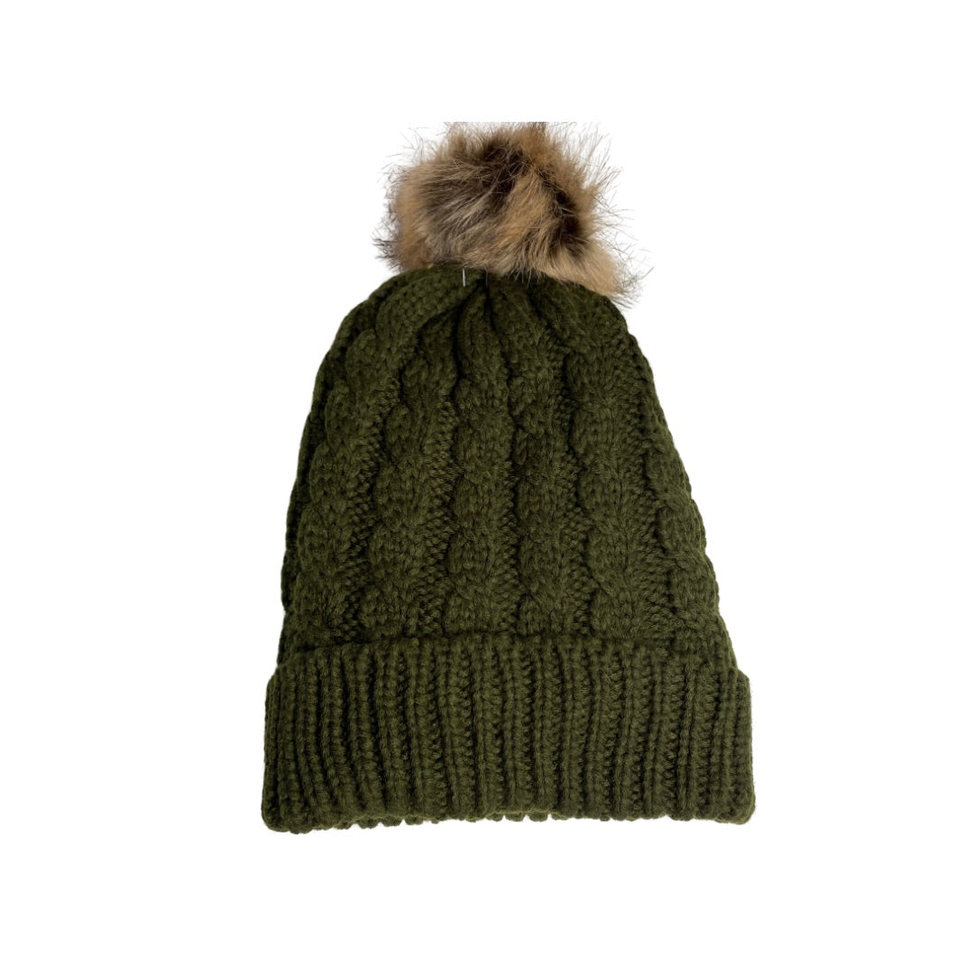 Cable Knit Fleece Lined Toque Beanie Hat - Olive Green