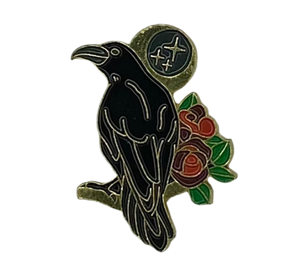 Raven Crow Red Rose Enamel Lapel Pin