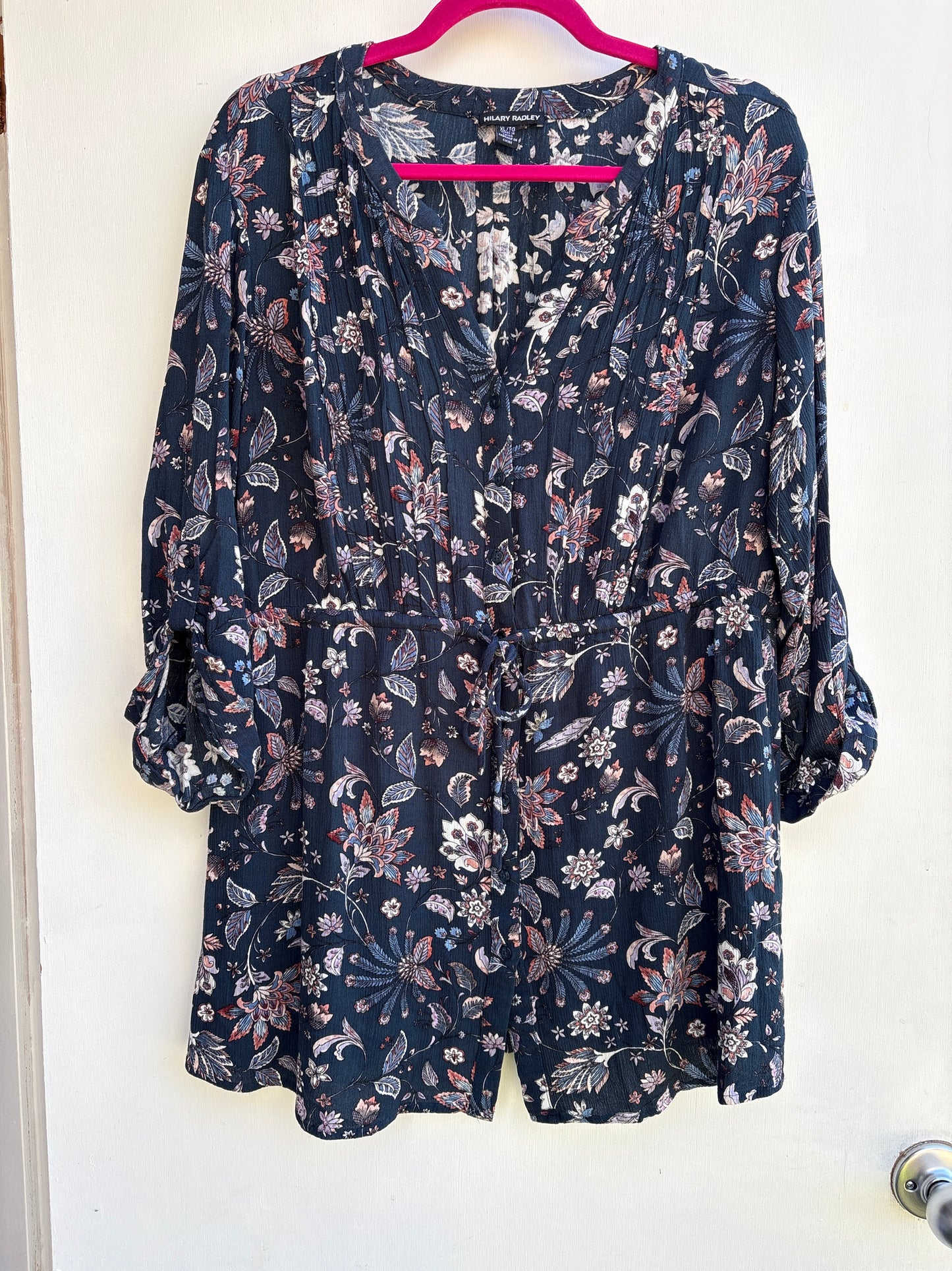 Hilary Radley  blue floral tunic blouse featuring a v-neckline, button front, and a cinched drawstring waist XL