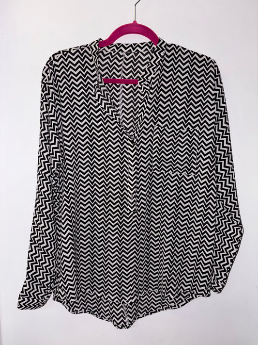 Chevron Black & White Blouse Top Large 1002