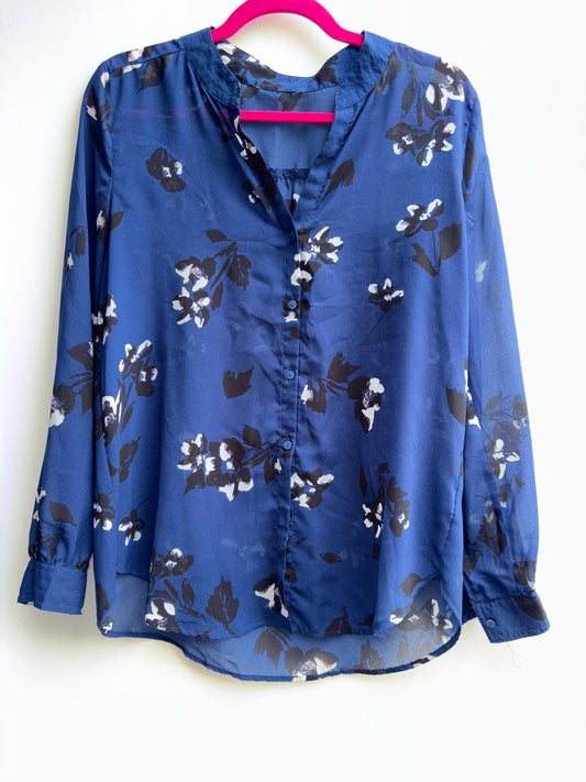 Navy Floral Sheer Button Up Blouse Medium 1015
