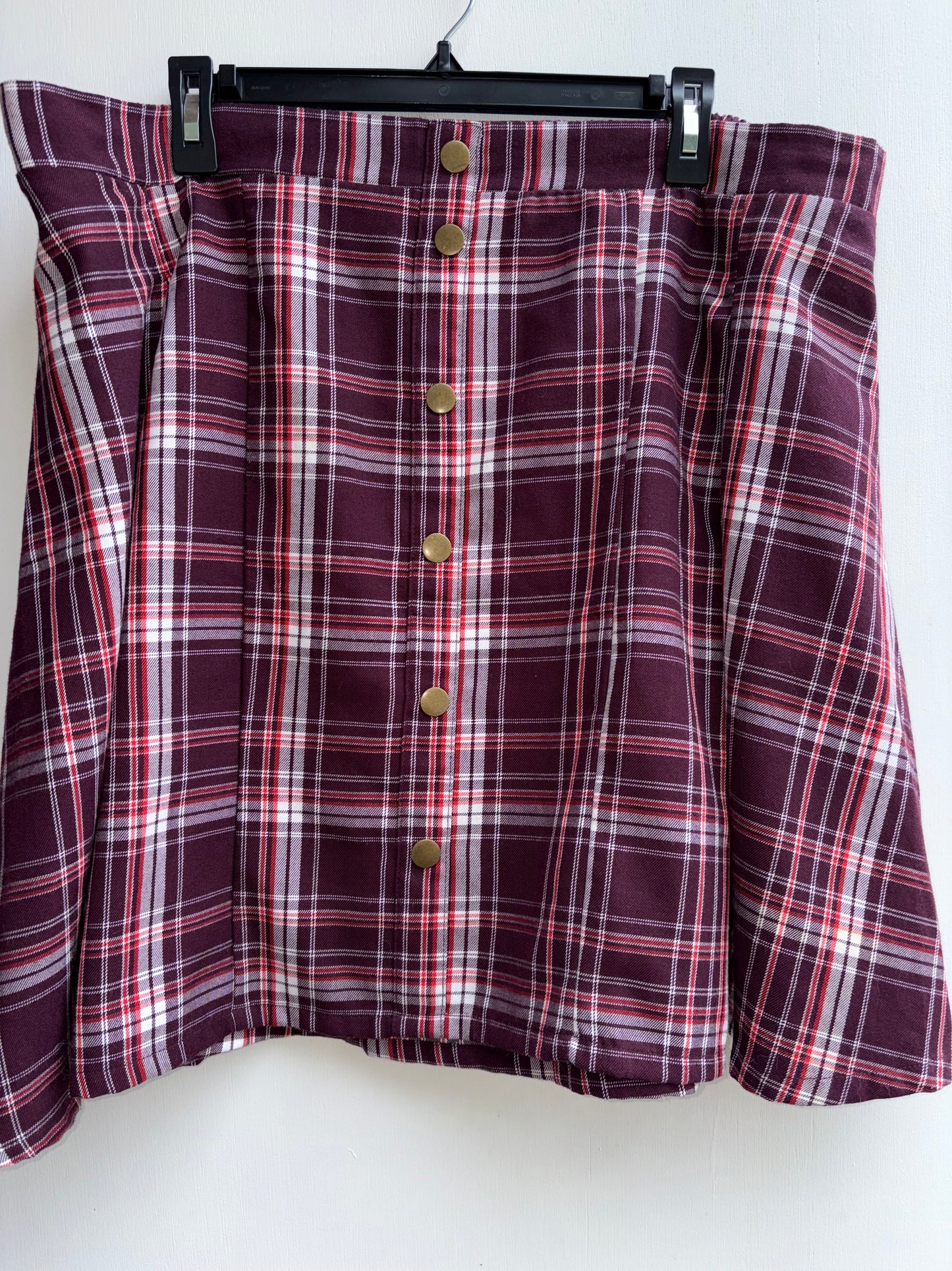 Burgundy Purple Plaid Twill Pleated Button Front Mini Skirt 2X 1027