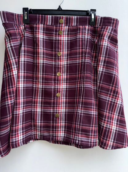 Burgundy Purple Plaid Twill Pleated Button Front Mini Skirt 2X 1027