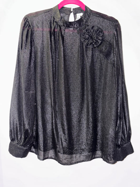 Modern Identity Design Black Floral Accent Sequin Blouse Top Small 1010