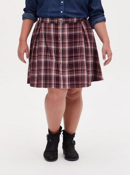 Burgundy Purple Plaid Twill Pleated Button Front Mini Skirt 2X 1027