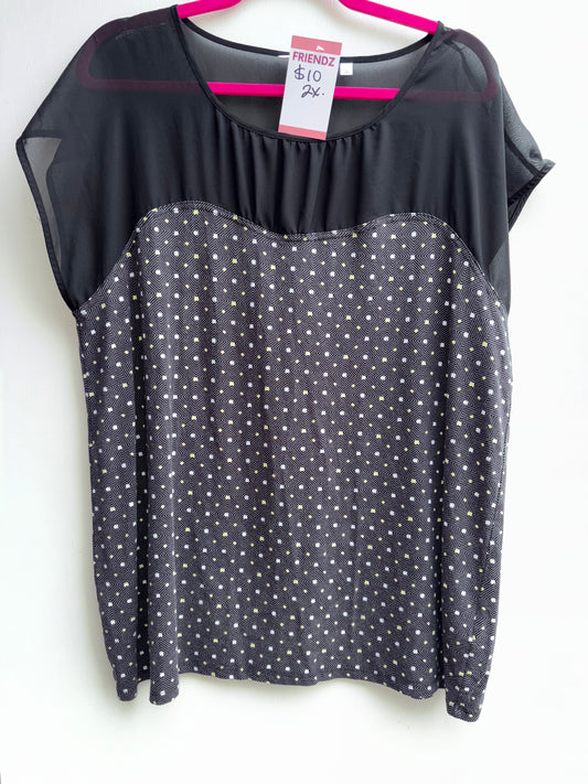 Geometric Square Sheer Neckline Dress Top 2X 1013