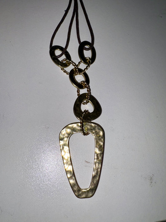 Hammered Gold Metal Fashion Necklace on Leather Cord