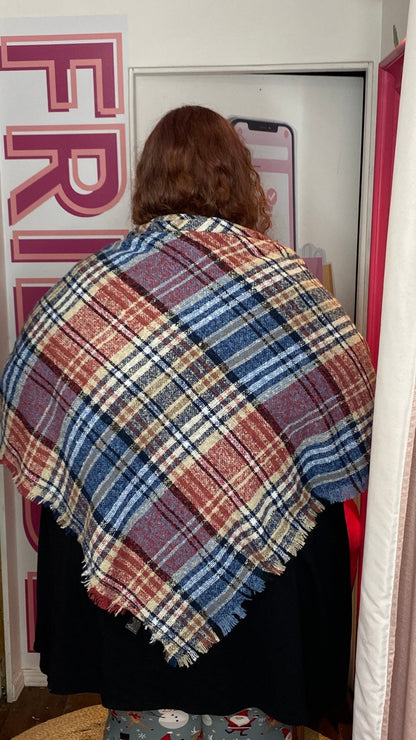 Plaid Blanket Scarf Burgundy Blue Scarf / Throw