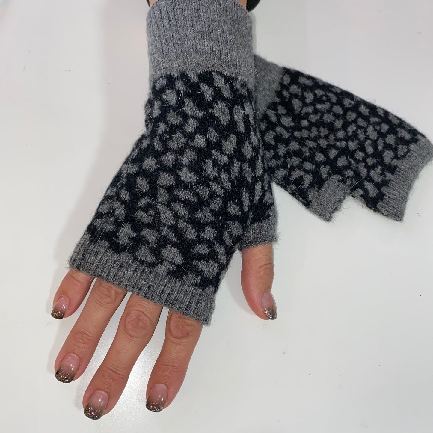 Grey Leopard Fingerless Gloves