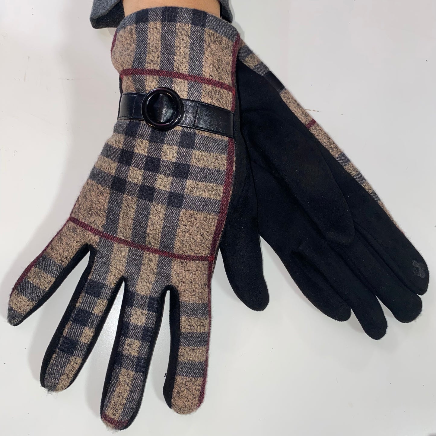 Plaid Burgundy & Beige Gloves