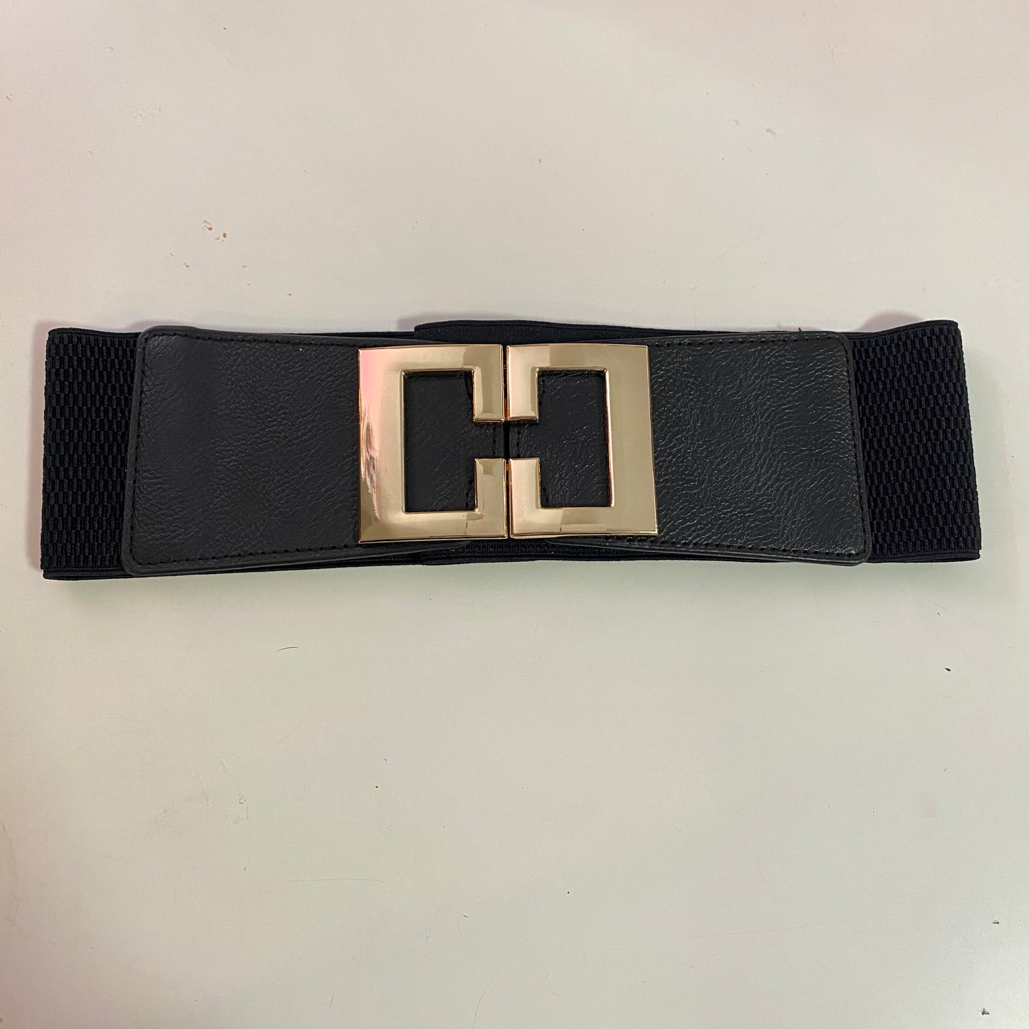 Gold Square Accent Buckle Faux Leather Elastic Belt