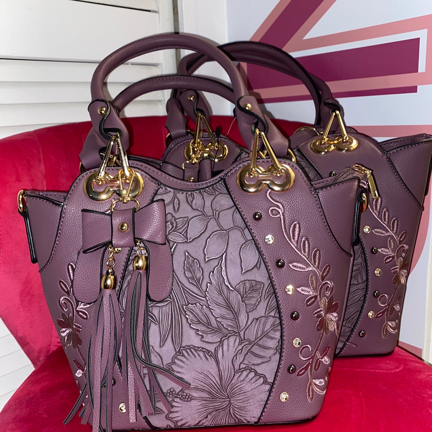 Lillac Purple Floral Embroidery Accent Satchel Purse Bag ( 2 Sizes)