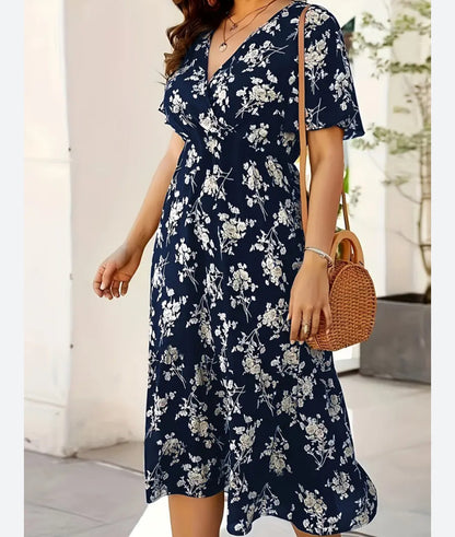 FINAL SALE Navy Blue V-Neck Floral Dress