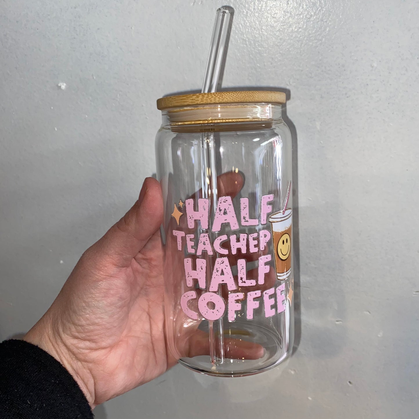 Half Teacher Half Coffee  Beer Glass Cups with Bamboo Lids