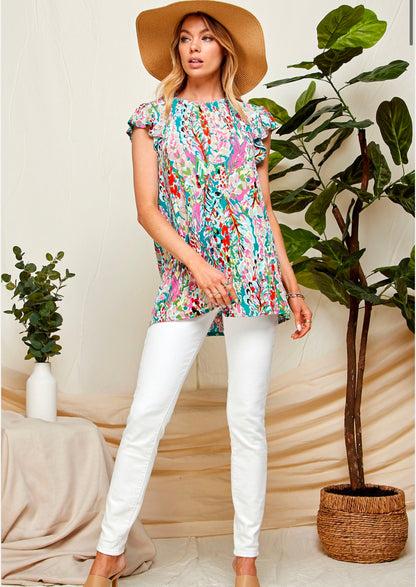 PREORDER  JANE MULTI FLORAL RUFFLE CAP SLEEVE FLUTTER TOP